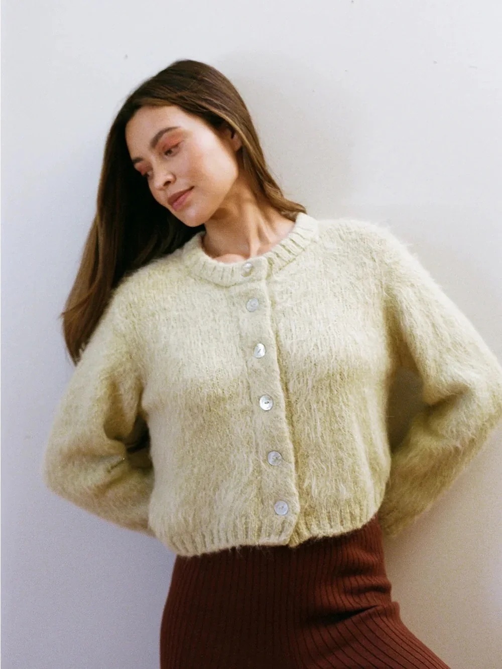 Maria Stanley Brushed Cardi in Pear